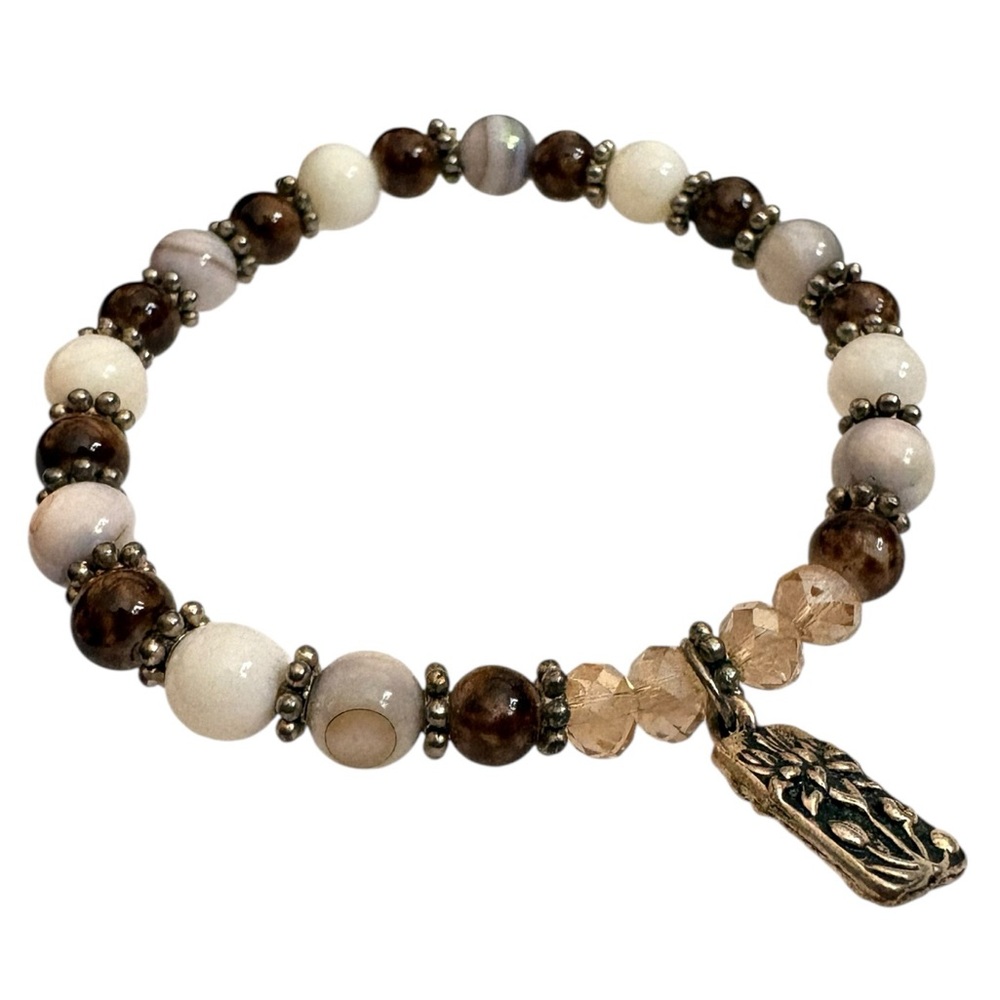 Flower Charm Stone Beaded Bracelet Preowned Stretch Cord - Picture 2 of 3